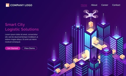 smart city logistic solutions isometric landing page. drone delivery cargo on conveyor belt at modern neon buildings. goods transportation export and import service 3d vector illustration, web banner