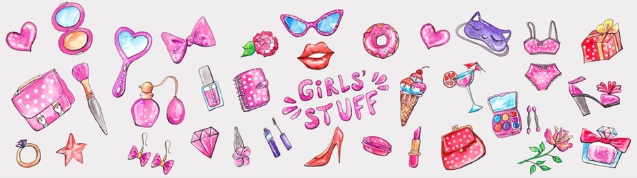 girls' stuff doodle hand drawn watercolor clip art. funny big set of girly things. make up, bag, purse, perfume, kiss, flowers, glasses. black and white shiny stickers. cute cartoon design
