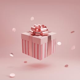 pink gift box with golden ribbon bow levitating on pastel pink background. flying stripped present with confetti abstract commercial for woman concept. creative realistic minimal banner 3d render
