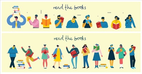 vector concept illustrations of world book day, reading the books and book festival in the flat style. people sit, stand and walk and read a book