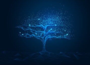 concept of network connection technology or big data, blue cyber polygon tree with futuristic element