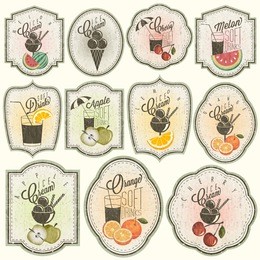 retro vintage style soft drinks and ice creams design. set of calligraphic titles and symbols for fruit design. hand-drawn style. orange, melon, apple and cherry illustrations. fruit vintage labels