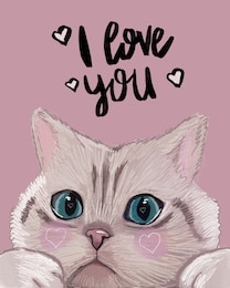 pretty cat illustration, valentine’s day postcard, pink heart sketch