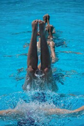 synchronised swimming in a clear blue pool