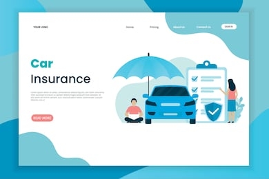 flat design car insurance landing page template. the car above has an umbrella. landing page template