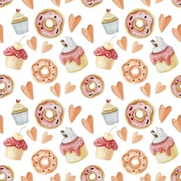 desserts and food texture in pink color. sweet desserts seamless patterns