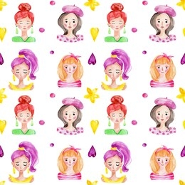 seamless pattern with cartoon colorful portraits of girls; watercolor hand draw illustration; can be used for womens day; with white isolated background