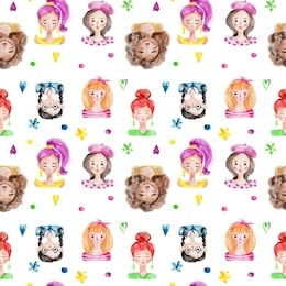 seamless pattern with cartoon colorful portraits of girls; watercolor hand draw illustration; can be used for womens day; with white isolated background
