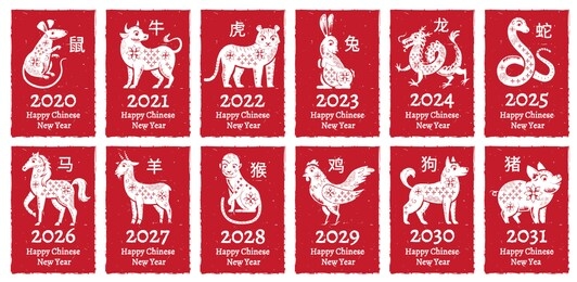 chinese new year zodiac seal. traditional china horoscope animals greeting card banner seals stamps. asian astrology culture 12 zodiac banners, astrological isolated  icons set
