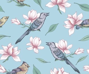 seamless floral pattern with magnolias and birds