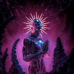 digital messiah complex / 3d illustration of science fiction male humanoid cyborg bowed in prayer with metal crown of thorns and halo
