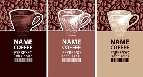 vector set of labels for coffee beans. coffee labels with hand-drawn cups and barcodes on the background of coffee beans