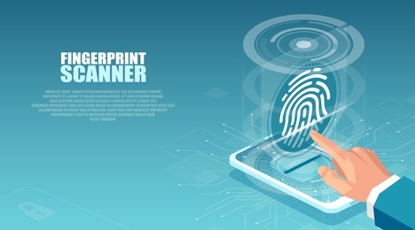 vector of a businessman using interface with fingerprint scan to access his mobile device 