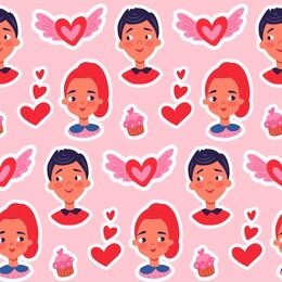 vector seamless pattern with cute couple, heart, love. happy valentine's day background, wrapping paper, fabric, print. boy and girl in love. vector stock illustration in cartoon style.