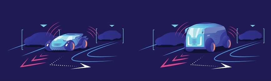 driverless cars flat color vector illustrations. autonomous transport, self driving vehicles on blue background. futuristic electric car and van with smart traffic navigation, auto piloting system.