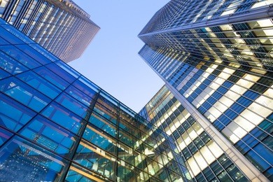 windows of skyscraper office building in london city 