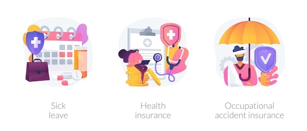 workplace guarantees and perks. financing employees diseases treatment. sick leave, health insurance, occupational accident insurance metaphors. vector isolated concept metaphor illustrations