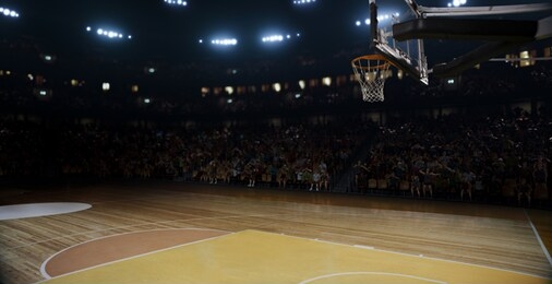 professional basketball stadium made in 3d with animated crowd.