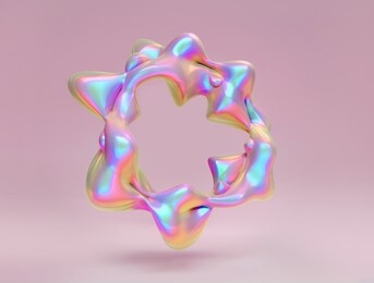 holographic foil abstract liquid blob frame on pastel pink background. neon 3d  render illustration with copy space. trendy minimal geometric iridescence design for text