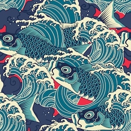 japanese koi/carp fish in the wave seamless pattern