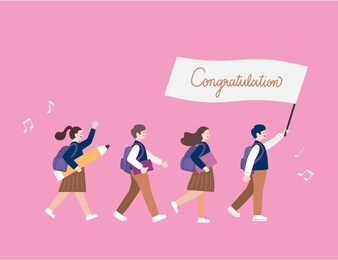 back to school concept. 
students in school uniforms marching with guide flags. flat cartoon vector graphic illustration