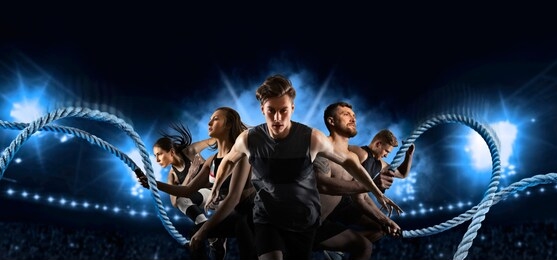 sport collage. men and woman running on smoke background. sports banner. horizontal copy space background