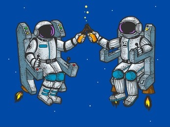 astronaut in spacesuit drink beer sketch engraving raster illustration. t-shirt apparel print design. scratch board style imitation. black and white hand drawn image.