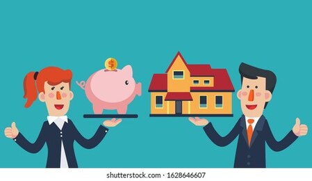 business woman with piggy bank and business man with house. saving and investing money concept. future financial planning concept