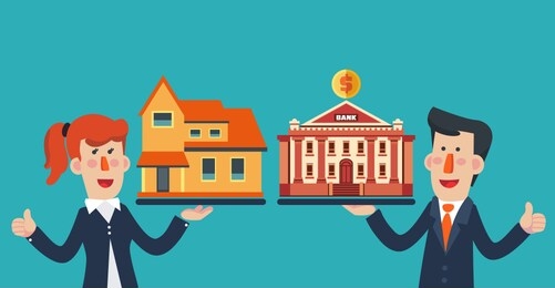 business woman with house and business man with bank building. saving and investing money concept. future financial planning concept