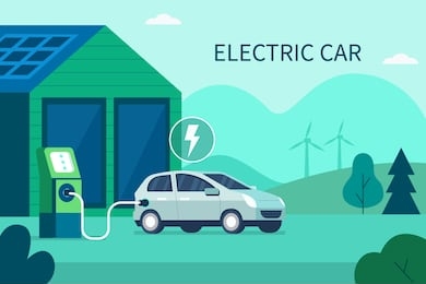 charging electric car battery at electric recharge station. modern hybrid auto. new alternative energy vehicle. futuristic transport, green energy, eco city concept. flat cartoon vector illustration.