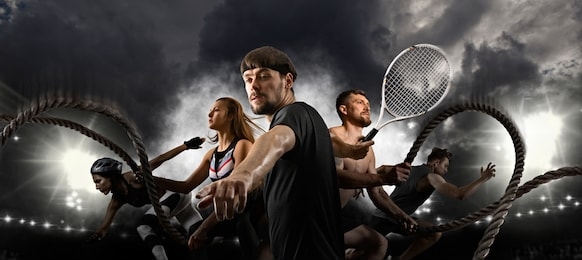 sport collage. tennis player, woman and man working out with battle ropes. sports banner. horizontal copy space background