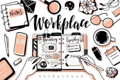 doodle outline style workplace desktop background. top view black contours office isolated objects on white background. notebook and office stationery. writing hands . vector illustration