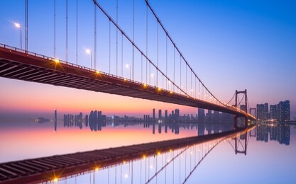 wuhan parrot shoal yangtze river bridge in nightfall, hubei, china, suspension bridge.