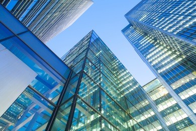 windows of skyscraper business office, corporate building in london city, england, uk 