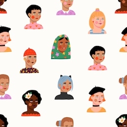 happy international women's day. big set of various female heads. women avatars. various races and nationalities. colored hand drawn vector seamless pattern. various clothes and haircuts