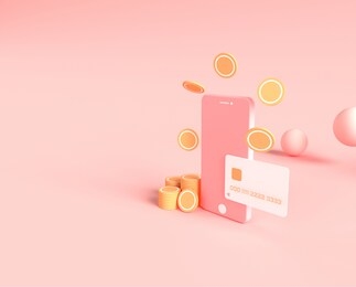 3d rendering payment via credit card concept. secure online payment transaction with smartphone. internet banking via credit card on mobile. protection shopping wireless pay through smartphone.