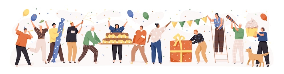 set of happy cartoon people having fun at birthday party vector flat illustration. concept of friends characters celebrating holiday isolated on white. collection of smiling festive man and woman