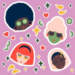 sticker set of women different nationalities. illustration for spa and beauty salon. green mask, cucumbers and eye patches.cosmetics and skincare procedure salon service candle. face care concept