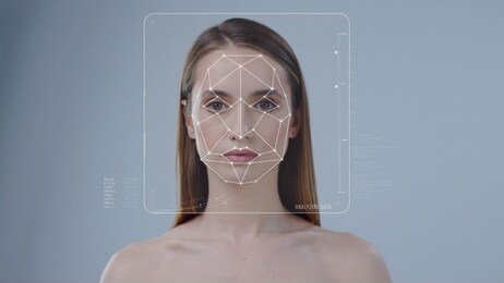 face id. face detection. 3d facial recognition. technological futuristic biometric scanning of face of beautiful woman isolated on background. concept of personal safety and security.