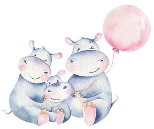 hand drawn cute isolated tropical summer watercolor hippo animals. hippopotamus baby and mother cartoon animal illustrations, jungle tree, brazil trendy design.