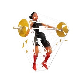 weightlifting squats, strong weightlifter woman litfs big barbell, low poly vector isolated illustration