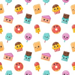 seamless pattern kawaii cartoon dessert. sweet candy on white background. vector illustration.