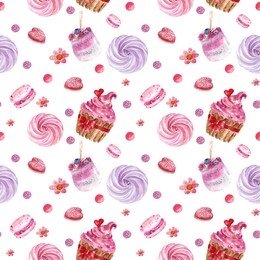 valentine seamless pattern. delicate background with watercolor hearts, cakes, sweets in pink tones.