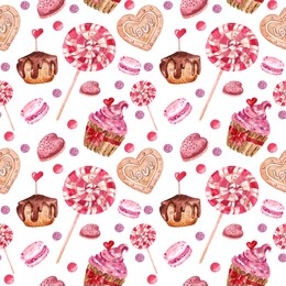 valentine seamless pattern. delicate background with watercolor hearts, cakes, sweets in pink tones.