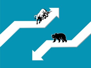 bull and bear on arrows showing stock market trend. stock market concept.