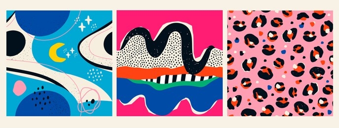 space, stars, planets, leopard print, various shapes and doodle objects. set of three abstract contemporary modern trendy vector seamless patterns. wallpapers. perfect for textile prints