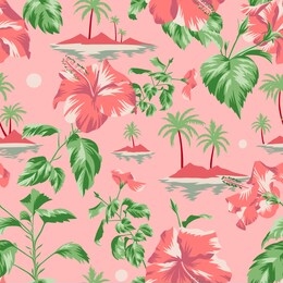 seamless island botanical pattern. colorful summer tropical background. landscape with palm trees, beach and ocean mixed with large pink chinese hibiscus rose flowers. flat design, floral bloom.