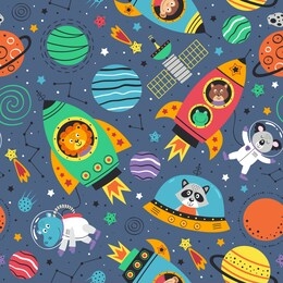 seamless pattern with space animals in rockets.lion,hippo,koala,raccoon, monkey, frog and squirrel in space
 - vector illustration, eps    
