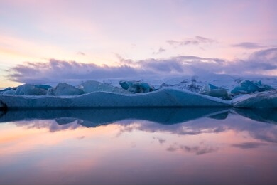amazing landscapes during the sunset with huge glaciers in the jokulsarlon glacier lagoon (glacial river lagoon) in the east iceland