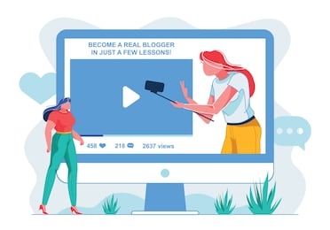 become a real blogger in just a few lessons, slide. video is gaining popularity and collecting comments on monitor screen. girl holds selfie stick in her hands and shoots herself on video.